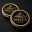 Black and gold bekuga caviar tins featuring ornate crown and sturgeon designs for luxury gourmet use