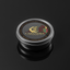 A sleek black metal tin with a gold and red emblem labeled casanova caviar on the lid for premium gourmet use