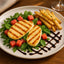 Grillies Halloumi Burger slices with grilled halloumi salad and fries for a delicious halloumi burger experience